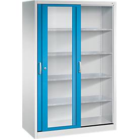 C + P gereedschapskast met schuifdeuren Acurado, met kijkvenster, B 1200 x D 600 x H 1950 mm, lichtgrijs/lichtblauw