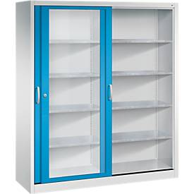 C + P gereedschapskast met schuifdeuren Acurado, met kijkvenster, B 1600 x D 500 x H 1950 mm, lichtgrijs/lichtblauw