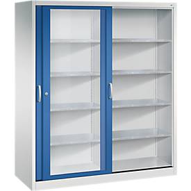 C + P gereedschapskast met schuifdeuren Acurado, met kijkvenster, B 1600 x D 600 x H 1950 mm, lichtgrijs/geniaanblauw