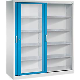 C + P gereedschapskast met schuifdeuren Acurado, met kijkvenster, B 1600 x D 600 x H 1950 mm, lichtgrijs/lichtblauw