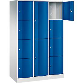 C+P Kombi-Schließfachschrank Resisto, 3 Abteile, 10 Fächer, B 1148 x T 540 x H 1950 mm, Lichtgrau/Enzianblau