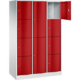 C+P Kombi-Schließfachschrank Resisto, 3 Abteile, 10 Fächer, B 1148 x T 540 x H 1950 mm, Lichtgrau/Rubinrot
