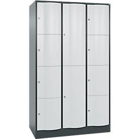 C+P Kombi-Schließfachschrank Resisto, 3 Abteile, 10 Fächer, B 1148 x T 640 x H 1950 mm, Anthrazitgrau/Lichtgrau