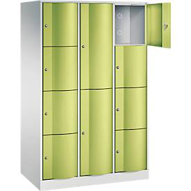 C+P Kombi-Schließfachschrank Resisto, 3 Abteile, 10 Fächer, B 1148 x T 640 x H 1950 mm, Lichtgrau/Clowngrün