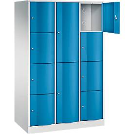 C+P Kombi-Schließfachschrank Resisto, 3 Abteile, 10 Fächer, B 1148 x T 640 x H 1950 mm, Lichtgrau/Lichtblau