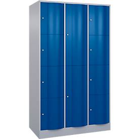 C+P Kombi-Schließfachschrank Resisto, 3 Abteile, 10 Fächer, B 1148 x T 640 x H 1950 mm, Weißalu/Enzianblau
