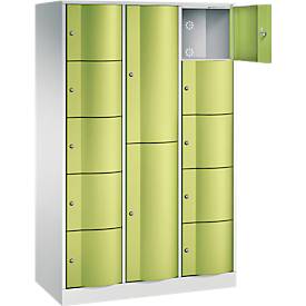C+P Kombi-Schließfachschrank Resisto, 3 Abteile, 12 Fächer, B 1148 x T 540 x H 1950 mm, Lichtgrau/Clowngrün