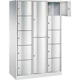 C+P Kombi-Schließfachschrank Resisto, 3 Abteile, 12 Fächer, B 1148 x T 540 x H 1950 mm, Lichtgrau/Lichtgrau