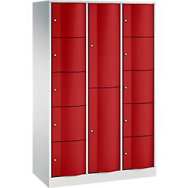 C+P Kombi-Schließfachschrank Resisto, 3 Abteile, 12 Fächer, B 1148 x T 540 x H 1950 mm, Lichtgrau/Rubinrot