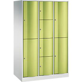 C+P Kombi-Schließfachschrank Resisto, 3 Abteile, 8 Fächer, B 1148 x T 640 x H 1950 mm, Lichtgrau/Clowngrün