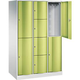 C+P Kombi-Schließfachschrank Resisto, 3 Abteile, 8 Fächer, B 1148 x T 640 x H 1950 mm, Lichtgrau/Clowngrün