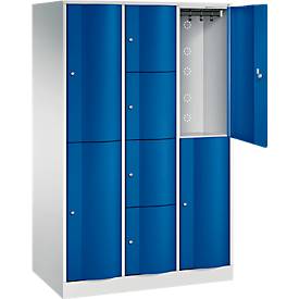 C+P Kombi-Schließfachschrank Resisto, 3 Abteile, 8 Fächer, B 1148 x T 640 x H 1950 mm, Lichtgrau/Enzianblau