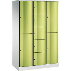 C+P Kombi-Schließfachschrank Resisto, 3 Abteile, 9 Fächer, B 1148 x T 540 x H 1950 mm, Lichtgrau/Clowngrün