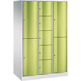 C+P Kombi-Schließfachschrank Resisto, 3 Abteile, 9 Fächer, B 1148 x T 640 x H 1950 mm, Lichtgrau/Clowngrün