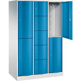 C+P Kombi-Schließfachschrank Resisto, 3 Abteile, 9 Fächer, B 1148 x T 640 x H 1950 mm, Lichtgrau/Lichtblau