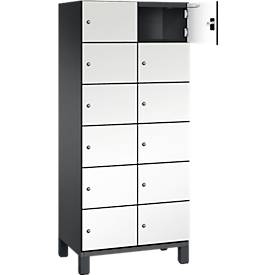 C+P Schließfachschrank Cambio, 2 Abteile, 12 Fächer, auf Füßen, B 800 x T 525 x H 1980 mm, schwarzgrau/weiß