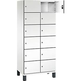 C+P Schließfachschrank Cambio, 2 Abteile, 12 Fächer, auf Füßen, B 800 x T 525 x H 1980 mm, verkehrsweiß/weiß
