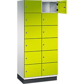 C+P Schließfachschrank Cambio, 2 Abteile, 12 Fächer, mit Sockel, B 800 x T 525 x H 1980 mm, lichtgrau/clowngrün