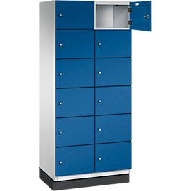 C+P Schließfachschrank Cambio, 2 Abteile, 12 Fächer, mit Sockel, B 800 x T 525 x H 1980 mm, lichtgrau/enzianblau