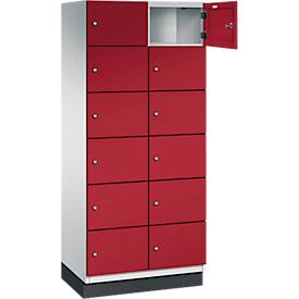 C+P Schließfachschrank Cambio, 2 Abteile, 12 Fächer, mit Sockel, B 800 x T 525 x H 1980 mm, lichtgrau/rubinrot