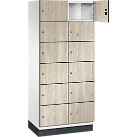 C+P Schließfachschrank Cambio, 2 Abteile, 12 Fächer, mit Sockel, B 800 x T 525 x H 1980 mm, verkehrsweiß/Sen Esche‑Dekor