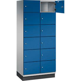 C+P Schließfachschrank Cambio, 2 Abteile, 12 Fächer, mit Sockel, B 800 x T 525 x H 1980 mm, weißaluminium/enzianblau