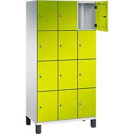 C+P Schließfachschrank Cambio, 3 Abteile, 12 Fächer, auf Füßen, B 900 x T 525 x H 1980 mm, lichtgrau/clowngrün