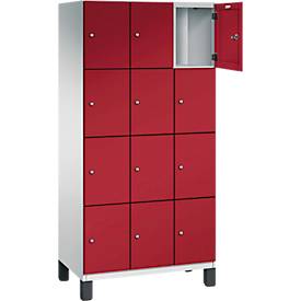 C+P Schließfachschrank Cambio, 3 Abteile, 12 Fächer, auf Füßen, B 900 x T 525 x H 1980 mm, lichtgrau/rubinrot