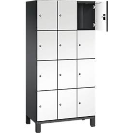 C+P Schließfachschrank Cambio, 3 Abteile, 12 Fächer, auf Füßen, B 900 x T 525 x H 1980 mm, schwarzgrau/weiß