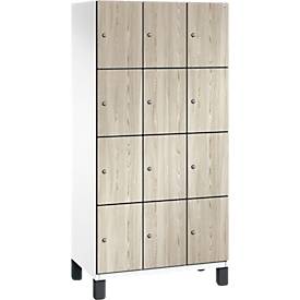 C+P Schließfachschrank Cambio, 3 Abteile, 12 Fächer, auf Füßen, B 900 x T 525 x H 1980 mm, verkehrsweiß/Sen Esche‑Dekor