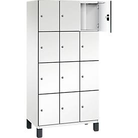 C+P Schließfachschrank Cambio, 3 Abteile, 12 Fächer, auf Füßen, B 900 x T 525 x H 1980 mm, verkehrsweiß/weiß