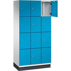 C+P Schließfachschrank Cambio, 3 Abteile, 12 Fächer, mit Sockel, B 900 x T 525 x H 1980 mm, lichtgrau/lichtblau
