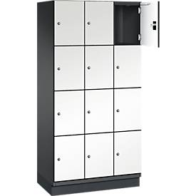 C+P Schließfachschrank Cambio, 3 Abteile, 12 Fächer, mit Sockel, B 900 x T 525 x H 1980 mm, schwarzgrau/weiß
