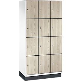 C+P Schließfachschrank Cambio, 3 Abteile, 12 Fächer, mit Sockel, B 900 x T 525 x H 1980 mm, verkehrsweiß/Sen Esche‑Dekor