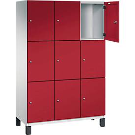 C+P Schließfachschrank Cambio, 3 Abteile, 9 Fächer, auf Füßen, B 1200 x T 525 x H 1980 mm, lichtgrau/rubinrot