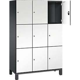 C+P Schließfachschrank Cambio, 3 Abteile, 9 Fächer, auf Füßen, B 1200 x T 525 x H 1980 mm, schwarzgrau/weiß