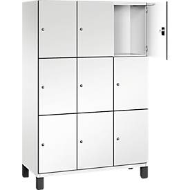 C+P Schließfachschrank Cambio, 3 Abteile, 9 Fächer, auf Füßen, B 1200 x T 525 x H 1980 mm, verkehrsweiß/weiß