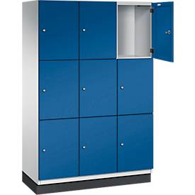 C+P Schließfachschrank Cambio, 3 Abteile, 9 Fächer, mit Sockel, B 1200 x T 525 x H 1980 mm, lichtgrau/enzianblau