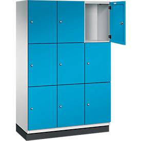 C+P Schließfachschrank Cambio, 3 Abteile, 9 Fächer, mit Sockel, B 1200 x T 525 x H 1980 mm, lichtgrau/lichtblau