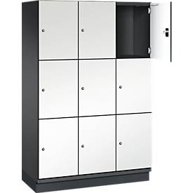 C+P Schließfachschrank Cambio, 3 Abteile, 9 Fächer, mit Sockel, B 1200 x T 525 x H 1980 mm, schwarzgrau/weiß