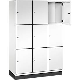C+P Schließfachschrank Cambio, 3 Abteile, 9 Fächer, mit Sockel, B 1200 x T 525 x H 1980 mm, verkehrsweiß
