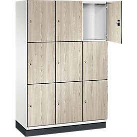 C+P Schließfachschrank Cambio, 3 Abteile, 9 Fächer, mit Sockel, B 1200 x T 525 x H 1980 mm, verkehrsweiß/Sen Esche-Dekor