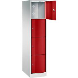 C+P Schließfachschrank Resisto, 1 Abteil, 4 Fächer, B 396 x T 640 x H 1950 mm, Lichtgrau/Rubinrot