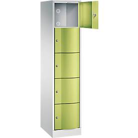 C+P Schließfachschrank Resisto, 1 Abteil, 5 Fächer, B 396 x T 540 x H 1950 mm, Lichtgrau/Clowngrün