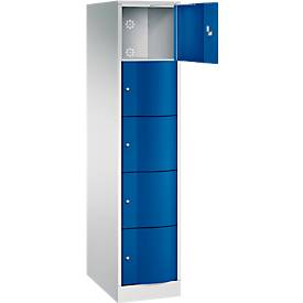 C+P Schließfachschrank Resisto, 1 Abteil, 5 Fächer, B 396 x T 640 x H 1950 mm, Lichtgrau/Enzianblau
