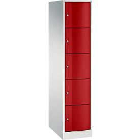 C+P Schließfachschrank Resisto, 1 Abteil, 5 Fächer, B 396 x T 640 x H 1950 mm, Lichtgrau/Rubinrot