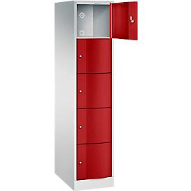 C+P Schließfachschrank Resisto, 1 Abteil, 5 Fächer, B 396 x T 640 x H 1950 mm, Lichtgrau/Rubinrot