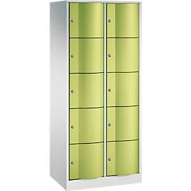 C+P Schließfachschrank Resisto, 2 Abteile, 10 Fächer, B 772 x T 540 x H 1950 mm, Lichtgrau/Clowngrün