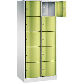 C+P Schließfachschrank Resisto, 2 Abteile, 10 Fächer, B 772 x T 540 x H 1950 mm, Lichtgrau/Clowngrün