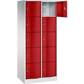 C+P Schließfachschrank Resisto, 2 Abteile, 10 Fächer, B 772 x T 540 x H 1950 mm, Lichtgrau/Rubinrot